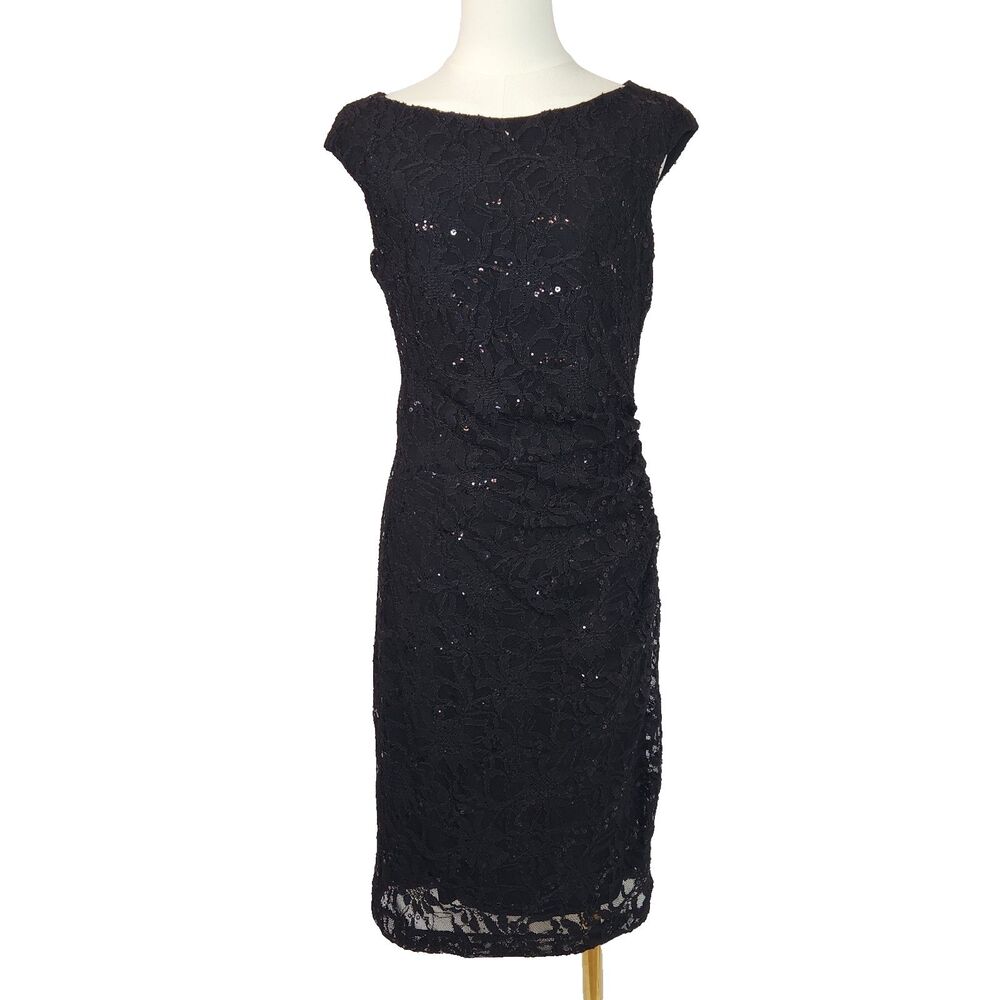 Lauren Ralph Lauren Lace Sequin Cocktail Dress Size 6 Black Side Ruched Sheath